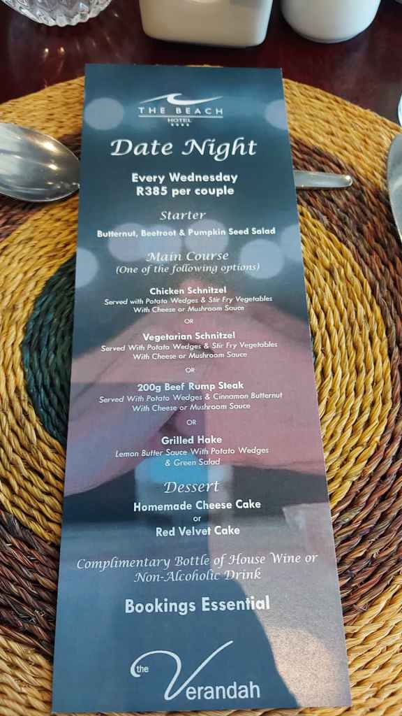 menu for date night at the beach hotel
